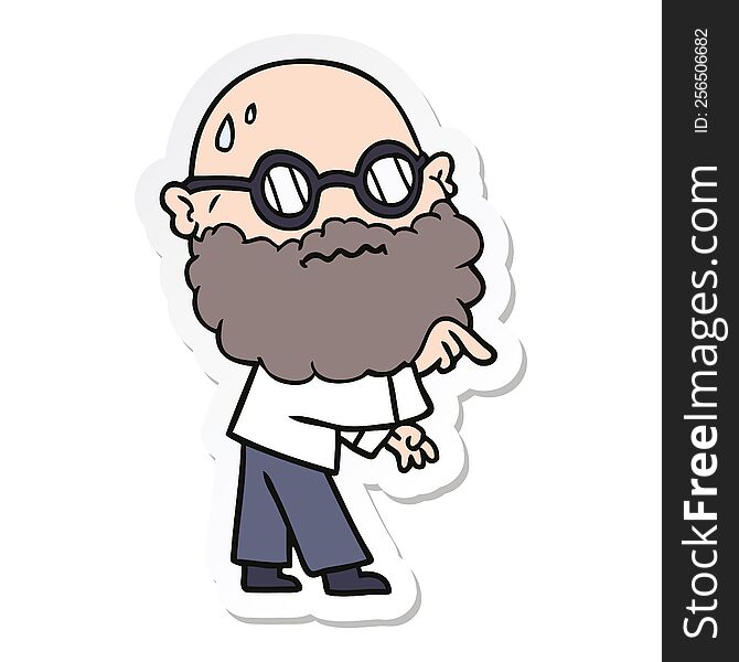 sticker of a cartoon worried man with beard and spectacles pointing finger