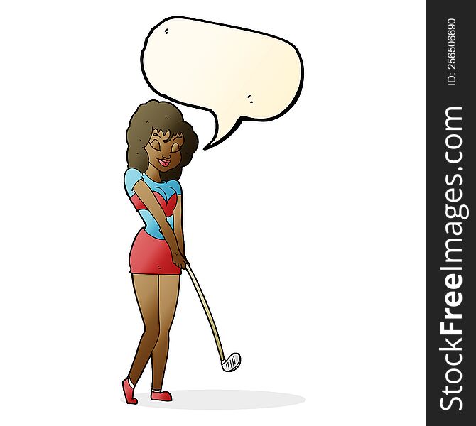 Cartoon Woman Playing Golf With Speech Bubble