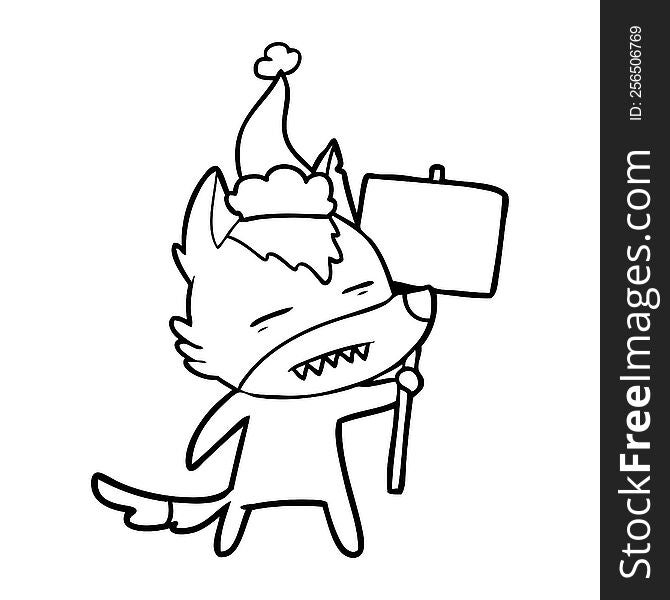 hand drawn line drawing of a wolf with sign post showing teeth wearing santa hat