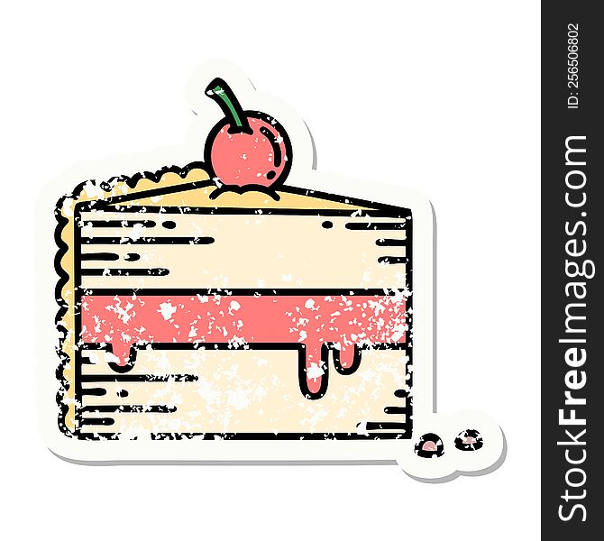 distressed sticker tattoo in traditional style of a slice of cake. distressed sticker tattoo in traditional style of a slice of cake