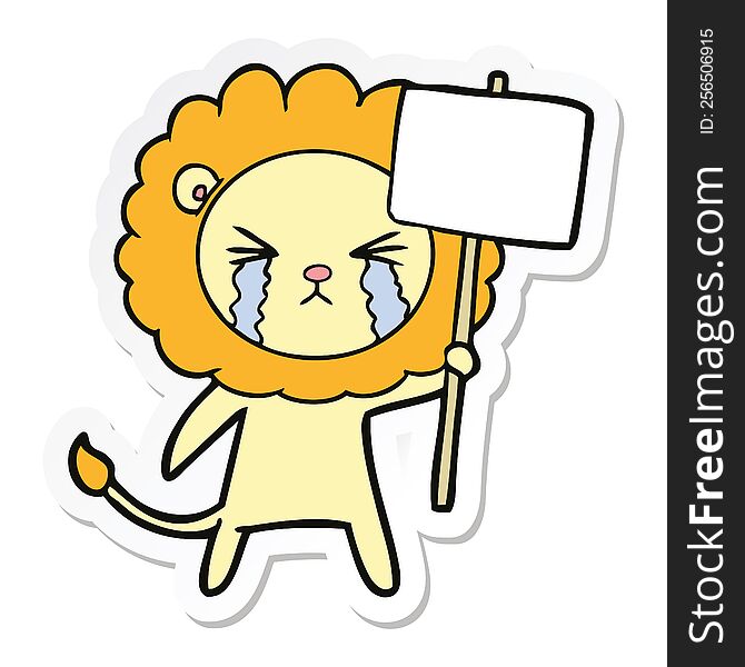 Sticker Of A Cartoon Crying Lion With Placard