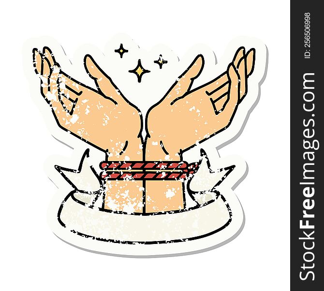 Grunge Sticker With Banner Of A Pair Of Tied Hands