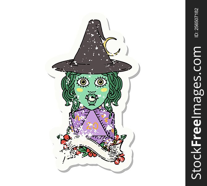 grunge sticker of a half orc mage with natural 20 dice roll. grunge sticker of a half orc mage with natural 20 dice roll