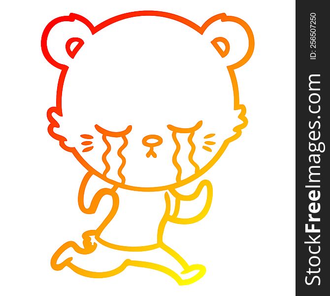 warm gradient line drawing of a crying cartoon bear running