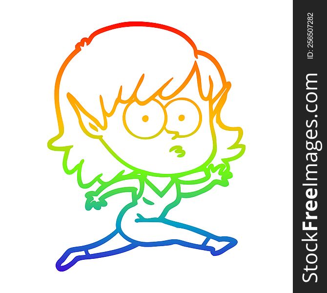 rainbow gradient line drawing of a cartoon elf girl running
