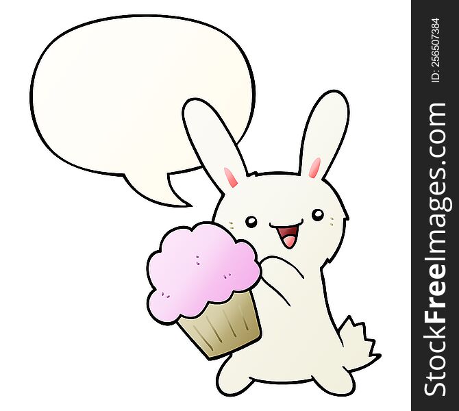 Cute Cartoon Rabbit And Muffin And Speech Bubble In Smooth Gradient Style