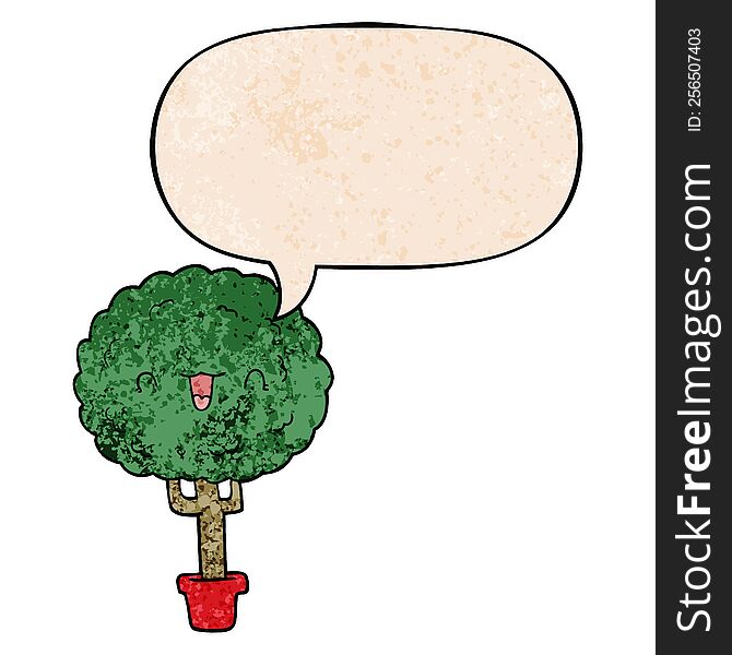 Cartoon Happy Tree And Speech Bubble In Retro Texture Style