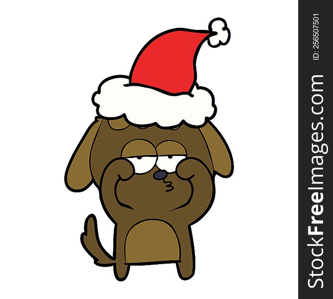 hand drawn line drawing of a tired dog wearing santa hat