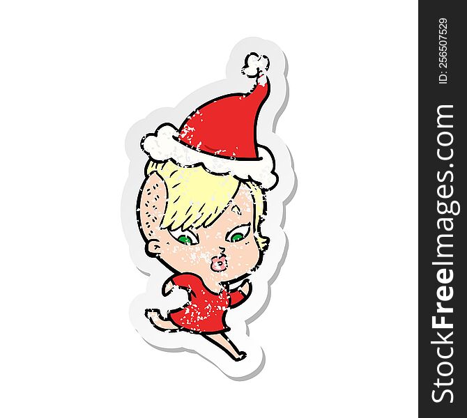 Distressed Sticker Cartoon Of A Surprised Girl Wearing Santa Hat