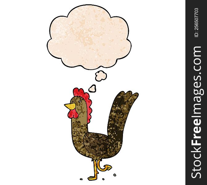 Cartoon Rooster And Thought Bubble In Grunge Texture Pattern Style