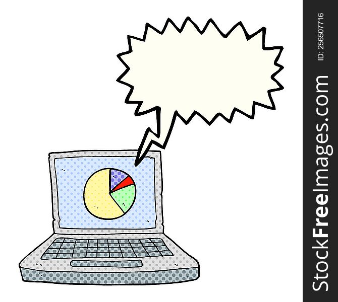 freehand drawn comic book speech bubble cartoon laptop computer with pie chart