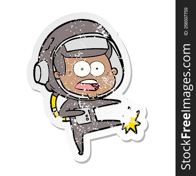 distressed sticker of a cartoon surprised astronaut kicking
