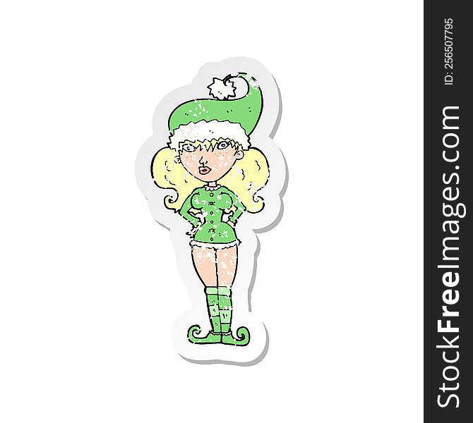 Retro Distressed Sticker Of A Cartoon Santas Helper Woman