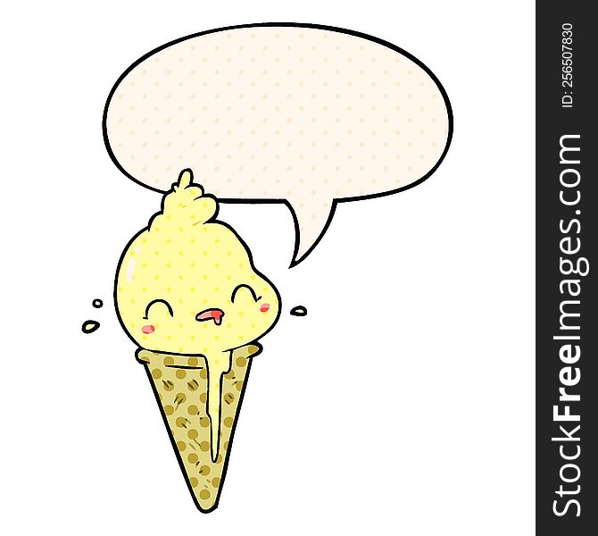 Cute Cartoon Ice Cream And Speech Bubble In Comic Book Style