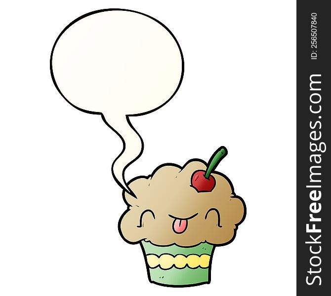 funny cartoon cupcake with speech bubble in smooth gradient style