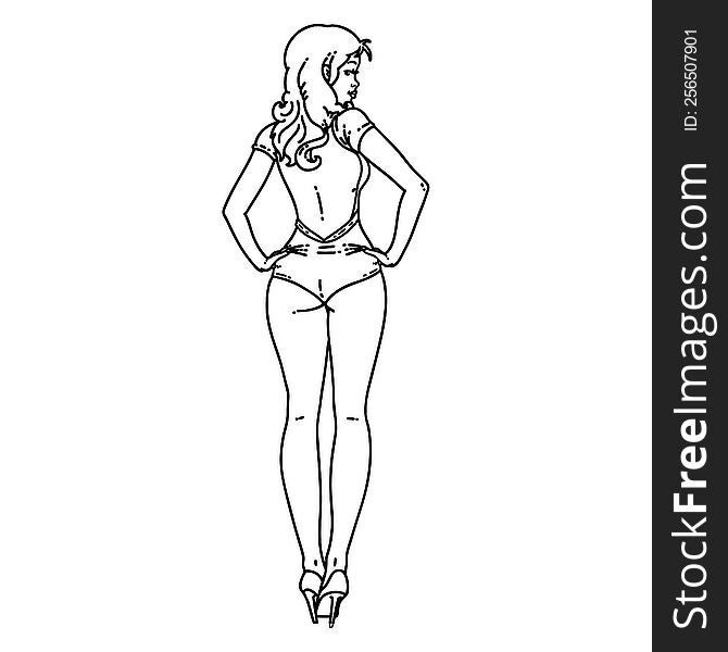 tattoo in black line style of a pinup swimsuit girl. tattoo in black line style of a pinup swimsuit girl