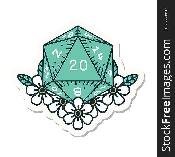 sticker of a natural 20 D20 dice roll with floral elements. sticker of a natural 20 D20 dice roll with floral elements