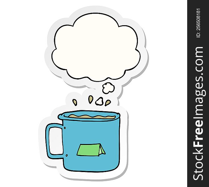 cartoon camping mug with thought bubble as a printed sticker