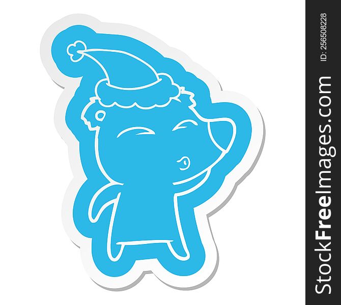 Cartoon  Sticker Of A Whistling Bear Wearing Santa Hat