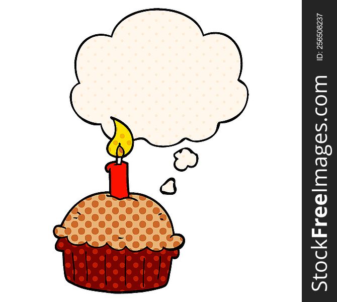 cartoon birthday cupcake with thought bubble in comic book style