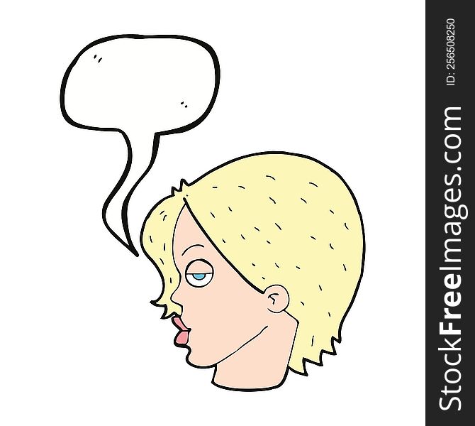 cartoon woman raising eyebrow with speech bubble