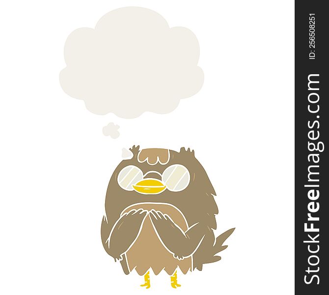 Cartoon Wise Old Owl And Thought Bubble In Retro Style