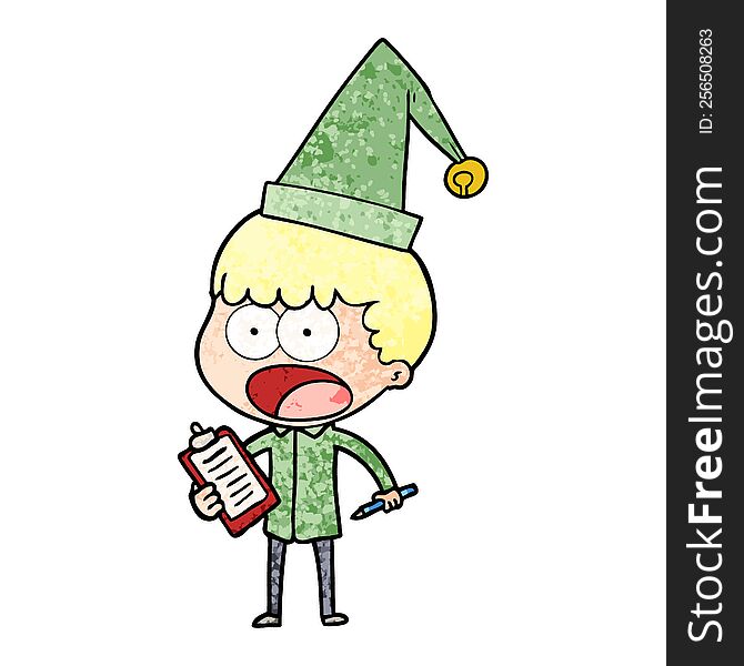 cartoon shocked xmas elf with clipboard and pen. cartoon shocked xmas elf with clipboard and pen