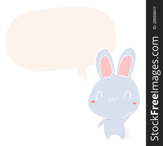 Cute Cartoon Rabbit Waving And Speech Bubble In Retro Style