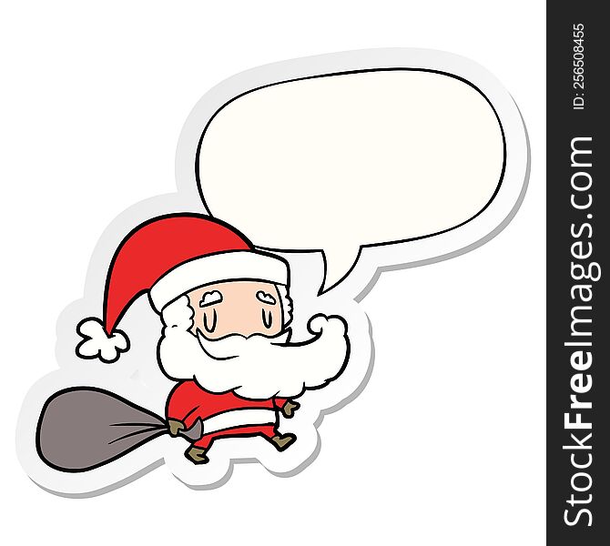 Cartoon Santa Claus Carrying Sack Of Presents And Speech Bubble Sticker