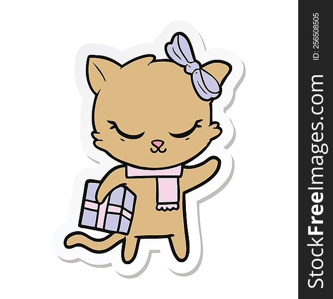 Sticker Of A Cute Cartoon Cat With Present