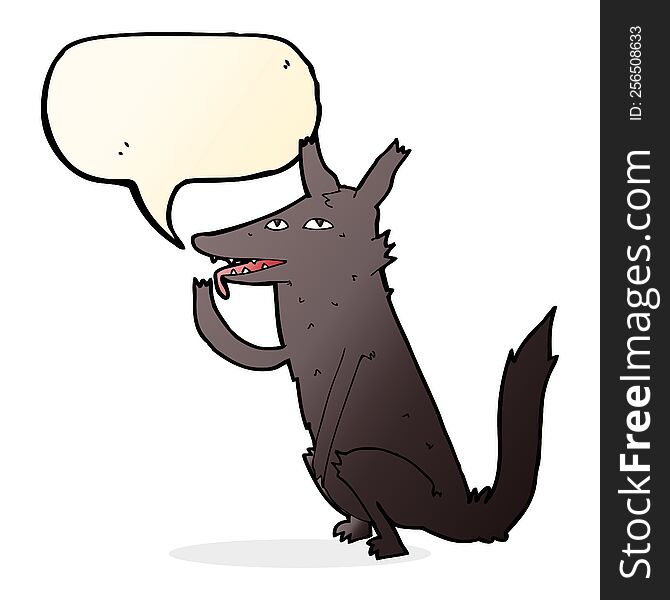 cartoon wolf licking paw with speech bubble