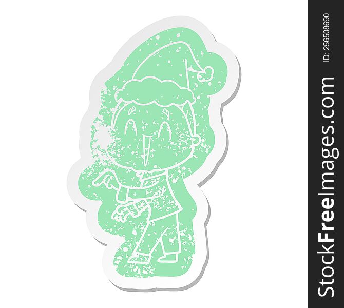 quirky cartoon distressed sticker of a happy old lady wearing santa hat