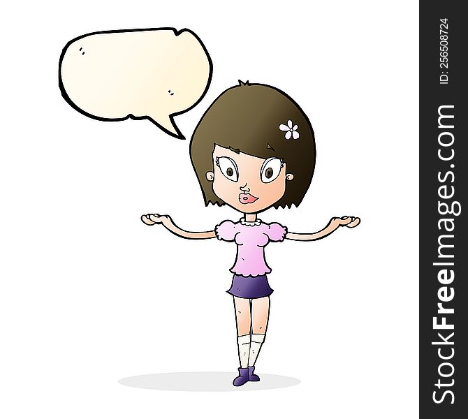 cartoon woman making balancing gesture with speech bubble