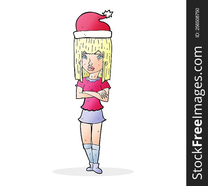 cartoon woman in christmas hat with folded arms