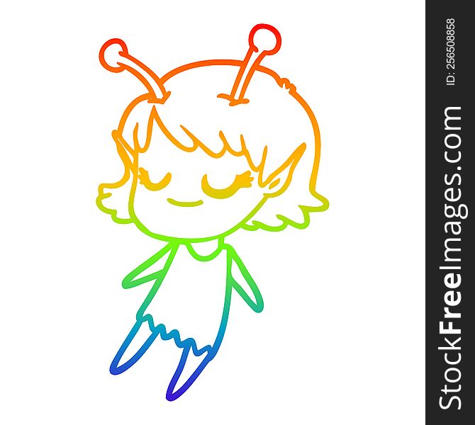 Rainbow Gradient Line Drawing Smiling Alien Girl Cartoon Floating