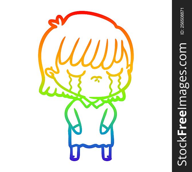 Rainbow Gradient Line Drawing Cartoon Woman Crying