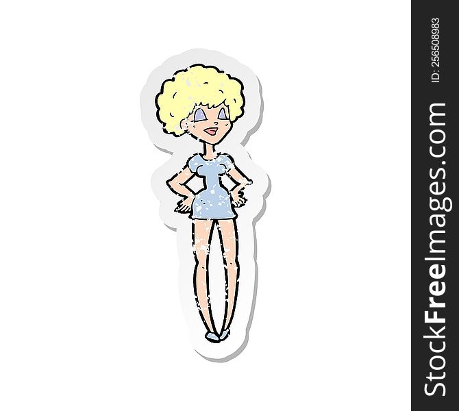 retro distressed sticker of a cartoon happy woman with hands on hips