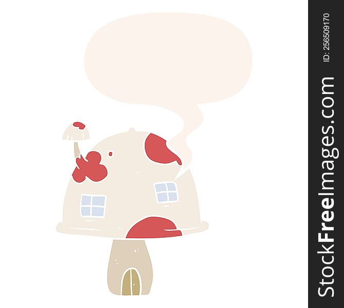 Cartoon Fairy Mushroom House And Speech Bubble In Retro Style