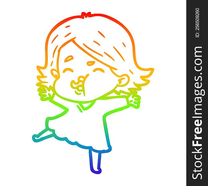 Rainbow Gradient Line Drawing Cartoon Girl Pulling Face