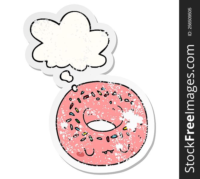 Cartoon Donut And Thought Bubble As A Distressed Worn Sticker