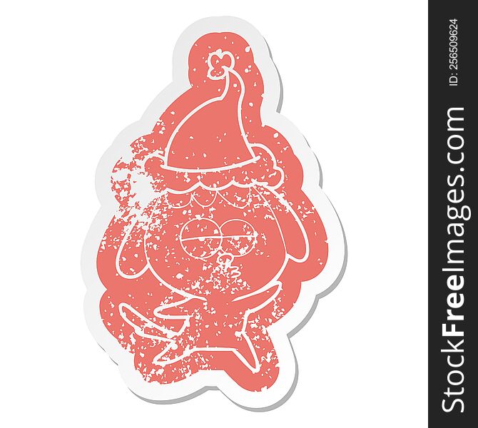 quirky cartoon distressed sticker of a bored dog wearing santa hat