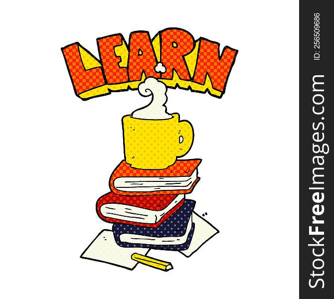 freehand drawn cartoon books and coffee cup under Learn symbol