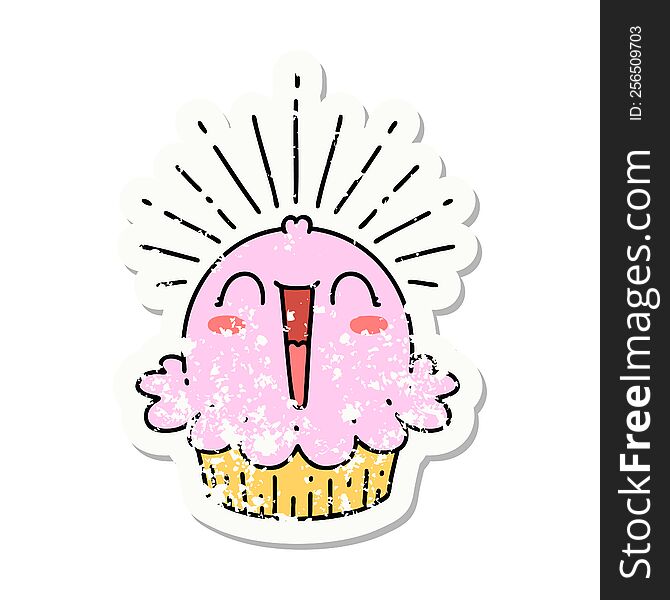 Grunge Sticker Of Tattoo Style Happy Singing Cupcake