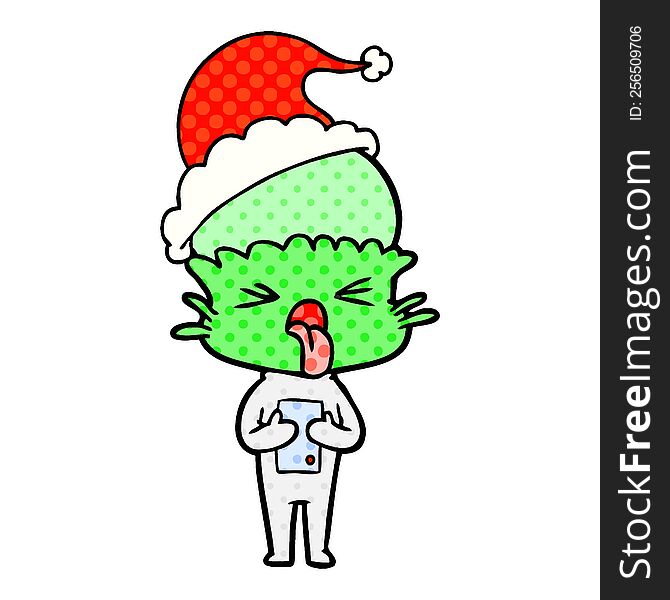 disgusted hand drawn comic book style illustration of a alien wearing santa hat