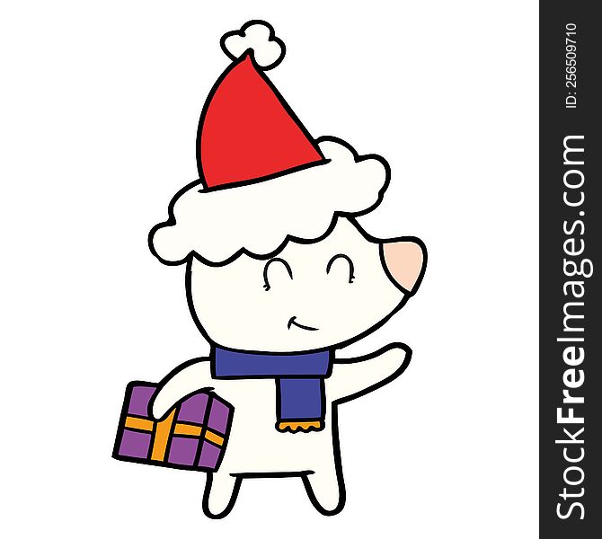 female polar bear with christmas present wearing santa hat