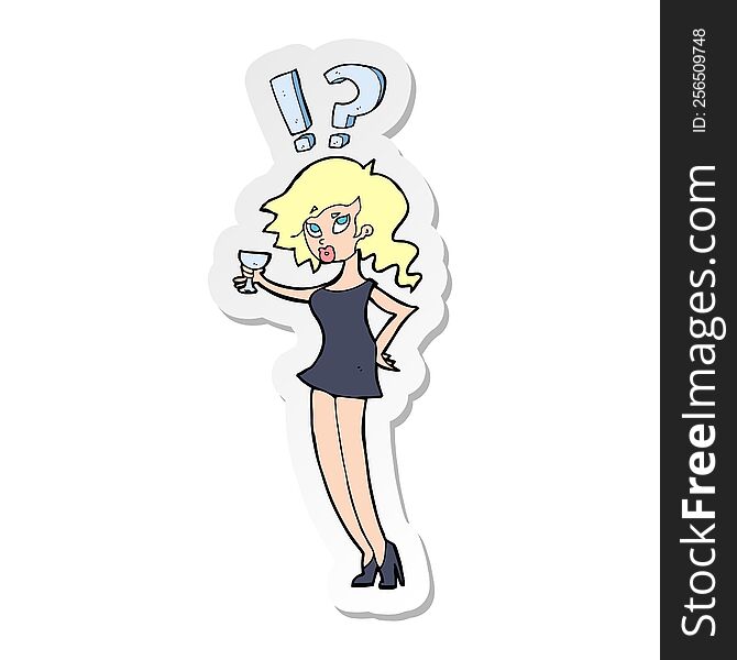 sticker of a cartoon confused woman with drink