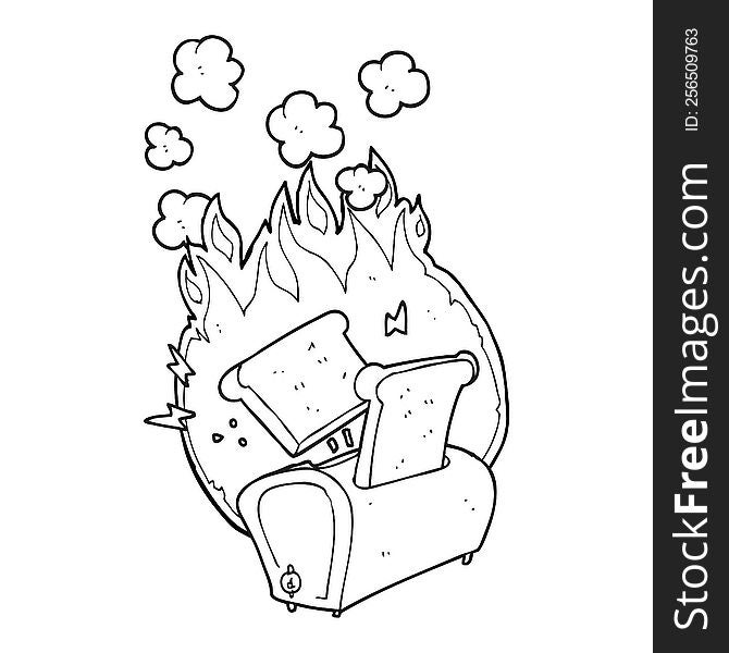 freehand drawn black and white cartoon burning toaster