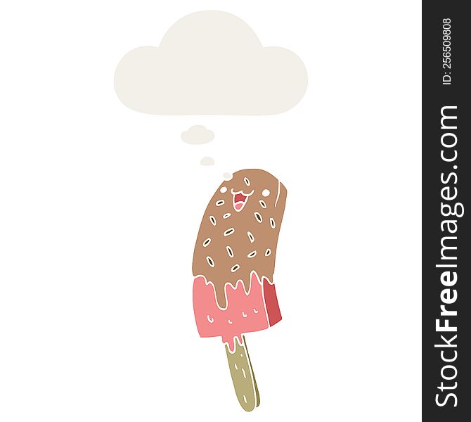 Cute Cartoon Happy Ice Lolly And Thought Bubble In Retro Style