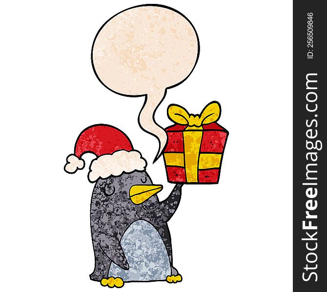 cartoon penguin and christmas present and speech bubble in retro texture style