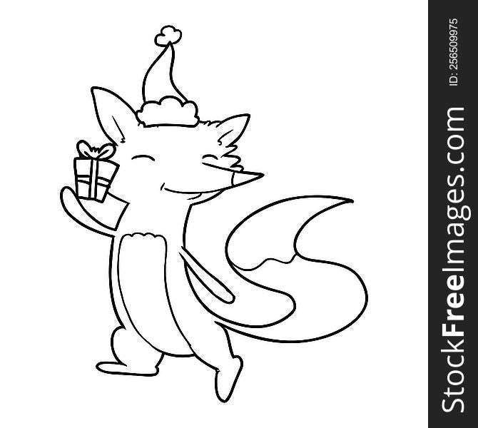Line Drawing Of A Happy Fox Wearing Santa Hat